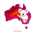 Map of Australia in paper cut style. Young koala. Australian bear. Eucalyptus or gum tree. Orange pink layered world. Royalty Free Stock Photo