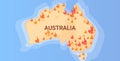 Map of Australia with symbols of bushfires seasonal wildfires dry woods burning global warming natural disaster concept