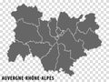 Map Auvergne-Rhone-Alpes on transparent background. Region Auvergne-Rhone-Alpes of France map with districts in gray for your d