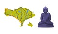 Map of Bali with Boundary and Buddha Stone Statue Vector Set