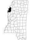 Map of Bolivar County in Mississippi state on white background. single County map highlighted by black colour on Mississippi map.