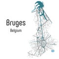 Map of Bruges Brugge city within administrative borders with roads and rivers on white background