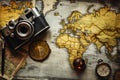 Map With Camera and Compass, Navigation Tools Combined for Explorers, Top view travel concept with retro camera films, map, and Royalty Free Stock Photo