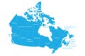 Map of Canada divided into 10 provinces and 3 territories. Administrative regions of Canada. Blue map with labels