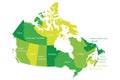 Map of Canada divided into 10 provinces and 3 territories. Administrative regions of Canada. Green map with labels