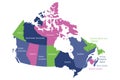 Map of Canada divided into 10 provinces and 3 territories. Administrative regions of Canada. Multicolored map with