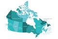 Map of Canada divided into 10 provinces and 3 territories. Administrative regions of Canada with labels. Vector