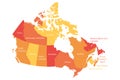 Map of Canada divided into 10 provinces and 3 territories. Administrative regions of Canada. Orange map with labels