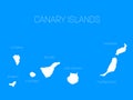 Map of Canary Islands, Spain, with labels of each island - El Hierro, La Palma, La Gomera, Tenerife, Gran Canaria