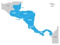 Map of Central America region with blue highlighted central american states. Country name labels. Simple flat vector