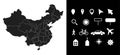 Map of China administrative regions departments, icons. Map location pin, arrow, man, bicycle, car, airplane