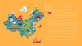 Map of China article with bodycopy layout vector illustration. Icons with Chinese landmarks Royalty Free Stock Photo