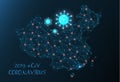 Map of China and the hologram of the coronavirus COVID-2019 on a blue futuristic background. The cities in which the deadly type