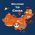 Map of China vector illustration, design. Icons with Chinese landmarks, gate, temple Royalty Free Stock Photo