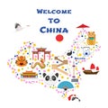 Map of China vector illustration, design. Icons with Chinese pagoda, animals, cities Royalty Free Stock Photo