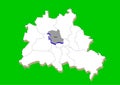 Map of the city of Berlin in white with an illustrative silhouette of the Mitte district in gray