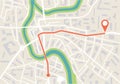 Map city with gps and geo route. Navigation for delivery. Path on street with location. App with map, road, town, park and river.