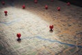 Map of the city with red pins on it. Conceptual image, Find your way. Location marking with a pin on a map with routes, AI Royalty Free Stock Photo