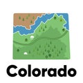 map of Colorado shape cartoon graphic illustration cartoon style of forest and river