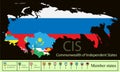 Map of the Commonwealth of Independent State CIS with the Ukrainian Crimea. Set creative markers with flags of states members of