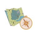 Map, compass. Drawn elements for camping and hiking. Wilderness survival, travel, hiking, outdoor recreation, tourism