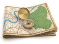 Map, compass, and magnifying glass isolated on white background Royalty Free Stock Photo