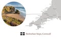 Map of Cornwall, featuring photographic image of Bedruthan Steps, and key towns in Cornwall marked on map