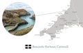 Map of Cornwall, featuring photographic image of Boscastle Harbour, and key towns in Cornwall marked on map