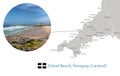 Map of Cornwall, featuring photographic image of Fistral Beach in Newquay, and key towns in Cornwall marked on map