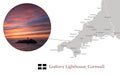 Map of Cornwall, featuring photographic image of Godrevy Lighthouse, and key towns in Cornwall marked on map Royalty Free Stock Photo