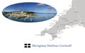 Map of Cornwall, featuring photographic image of Mevagissey Harbour, and key towns in Cornwall marked on map