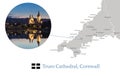 Map of Cornwall, featuring photographic image of Truro Cathedral during twilight, with reflections in River, and key towns in