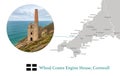 Map of Cornwall, featuring photographic image of Wheal Coates Engine House, and key towns in Cornwall marked on map