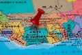 Map of Cote D`ivoire with a red pushpin stuck Royalty Free Stock Photo