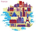 Map of country France with building and famous monument