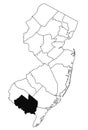 Map of Cumberland County in new jersey state on white background. single County map highlighted by black colour on new jersey map