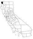 Map of del Norte County in California state on white background. single County map highlighted by black colour on California map.