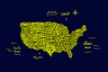 A map drawn in the Doodle style of the United States of America. Illustration of a trip to the US States and attractions