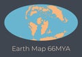 Map of the Earth 66MYA. Vector illustration of Earth map with orange continents and blue oceans isolated on dark grey