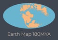 Map of the Earth 180MYA. Vector illustration of Earth map with orange continents and blue oceans isolated on dark grey