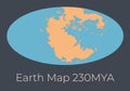 Map of the Earth 230MYA. Vector illustration of Earth map with orange continents and blue oceans isolated on dark grey