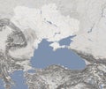 Map of Eastern Europe, Ukraine and neighboring states, satellite view, black sea and Turkey. Shaded relief