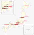 Map with the eighteen clubs of the first Japan football league 2017-2018