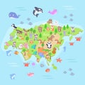 Map of Eurasia with cartoon animals for kids.