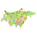 Map of Eurasia with cartoon animals for kids.