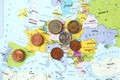 Map of Europe with Euro coins and Polish zloty