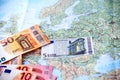 Map of Europe with Euro banknotes