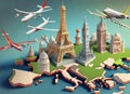 Map of Europe and Important Structures in 3D.airplanes in the air