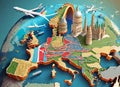 Map of Europe and Important Structures in 3D.airplanes in the air