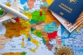 Map of europe with passport and compass for travel Royalty Free Stock Photo